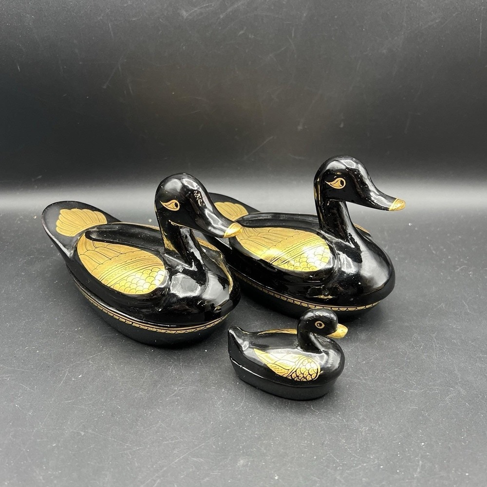 Vintage Black And Gold Gilded Lacquered Duck Wood Trinket Box Set Family Of 3